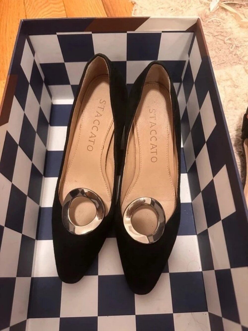 Staccato Black Suede Block Heel Pumps with Metal Ring
